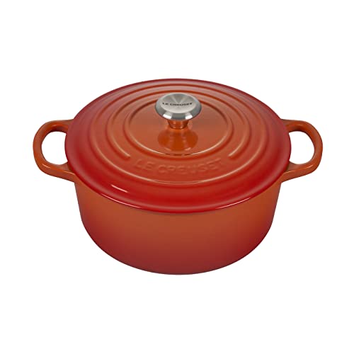 Le Creuset 7 1/4 Qt. Signature Round French Oven w/Additional Engraved Personalized Stainless Steel Knob - Flame