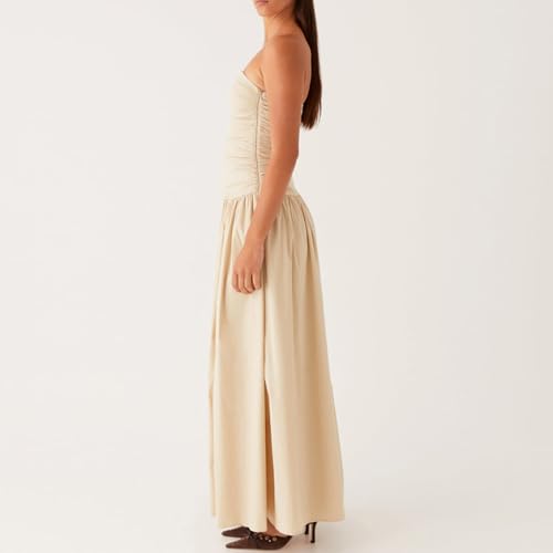 Image of Women Tube Top Maxi Dress 2025 Elegant Sleeveless Strapless Ruched Flowy Summer Long Wedding Party Cocktail Dresses