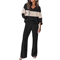 RUMIA Two Piece Sets for Women Loose Fit Fall Fashion Sweater Pant Sets Travel Outfits Airport Ouffits Black Beige L