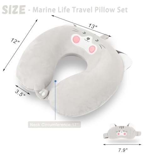Image of Travel Pillow, Kids Travel Pillow with Sleep Eye Mask Soft Memory Foam Kids Neck Pillow for Boys & Girls, Travel Accessories for Car Airplane Traveling - Grey Cat