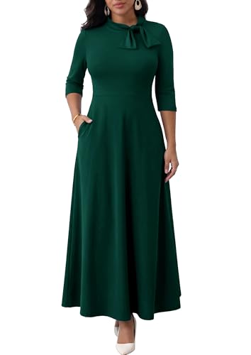 Image of FANDEE Maxi Dress for Women Long Elegant 3 /4 Sleeve Bow Tie Neck A Line Casual Party Church Dresses with Pockets