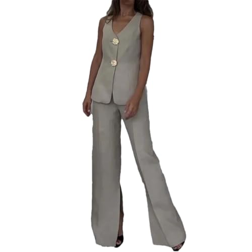 Generic Women Summer Office V Neck Sleeveless Single Breasted Button Vest Top Loose Wide Legs Pants Two Piece Set - Main Image