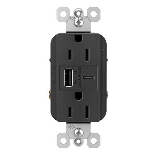 Legrand radiant R26USBAC6BK 15 Amp Tamper-Resistant Decorator Duplex Receptacle Outlet with Ultra Fast USB A/C 6.0A Charging Ports, Black (1 Count)
