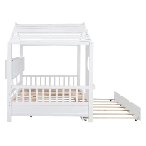 Image of Full Size House Bed with Roof and Window for Kids, Wooden Playhouse Bed with Storage Shelves and Trundle for Bedroom Furniture Girls & Boys (White /T2)
