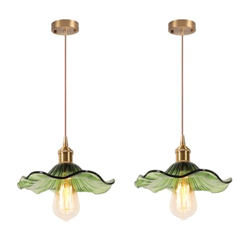 LIGINOK Lot de 2 Suspension en Verre Industrielle Vintage Lampe Suspendue E27 Lustre avec Abat-jour en forme de Lotus Hauteur Réglable Plafonniers pour...