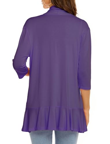 Image of YnimioAOX Women's Cardigan Lightweight Open Front 3 /4 Sleeves Draped Ruffles Knit Cardigan Sweaters