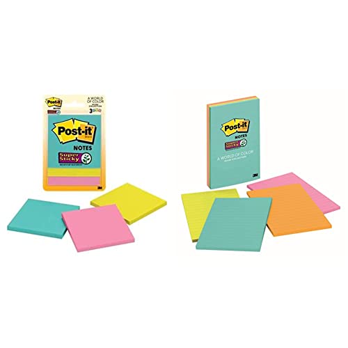 Image of 3M Post-it Super Sticky Notes 3 Pads x 45 Sheets & 3M Post-it Super Sticky Lined Notes 4 Pads x 45 Sheets | 4 inch x 6 inch