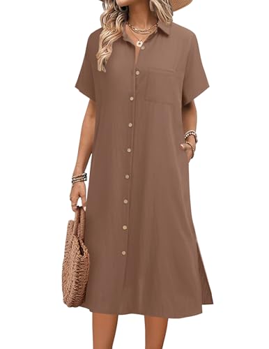 Image of HOTOUCH Womens Dress Summer Casual Midi Short Sleeve Button Down Shirt Dresses Loose Beach Cover Up with Pockets
