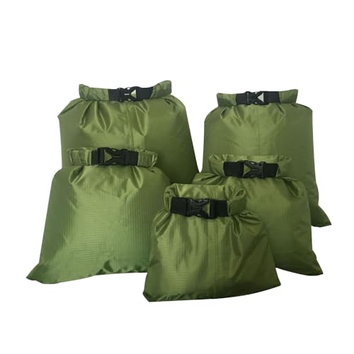 Voarge 5pcs Bolsas Secas, Bolsa Estanca, Bolsa Impermeable de Cinco Piezas a la Deriva, Verde Militar Adecuado para Nadar, Navegar, Hacer Rafting, IR de Excursión (1.5L / 2.5L / 3.5/4.5L / 6L)
