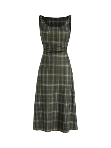 CIDER Plaid Midi Dress Ruched Scoop Neck Sleeveless Tartan Checks Casual Bodycon Dress