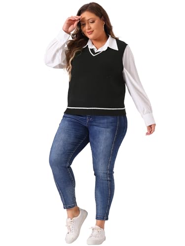 Agnes Orinda Plus Size Sweater Vest for Women V Neck Stripe Cable Knit Sleeveless Pullover Sweater Vest3