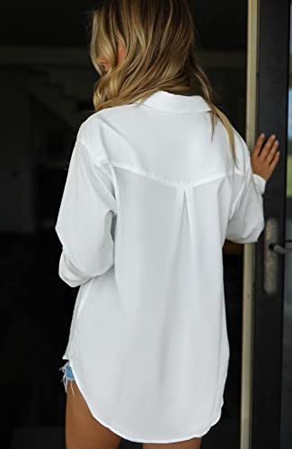 Hotouch Women White Button Up Shirt Long Sleeve Office Dress Blouse Loose Drop Shoulder Blouse With Pockets L #TOP4