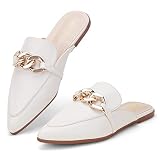 BISON SPIRIT Mules for Women Flats Pointed Toe Slip On Slides Loafer Shoes (Metal Chain-Beige PU,8.5