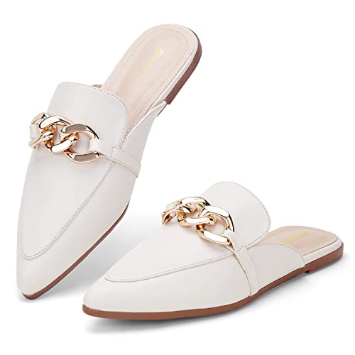 Bison Spirit Mules For Women Flats Pointed Toe Slip On Slides Loafer Shoes (Metal Chain-Beige Pu,8.5) #TOP9