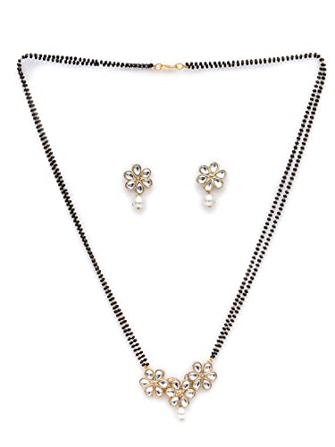 Karatcart Gold Plated Handcrafted White Pearl Floral Kundan Mangalsutra with Earrings For Women - Image 4