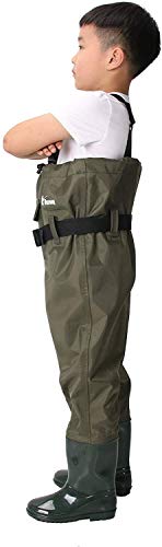 Ouzong Chest Waders for Kids, Lightweight Cleated Nylon and PVC Fishing Bootfoot Chest Waders for Boy and Girl with Boot Hanger, Army Green Waterproof Chest Waders for Children (Green, 2/3)