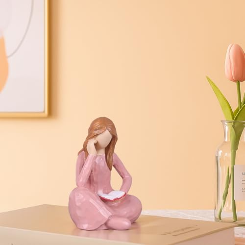Estatua decorativa rosa mujer leyendo en resina miniatura 4