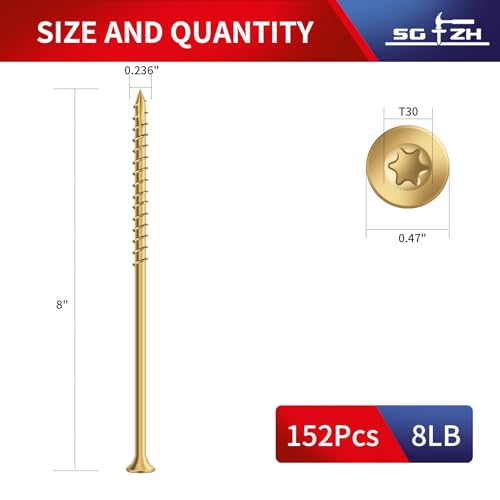 Image of #14 x 8 Inch Deck Screws (152Pcs) 8lb. Exterior Wood Screws. Carbon Steel, Tan, Flat Head, Rust Resistant epoxy Coated, with T30 Star Bit