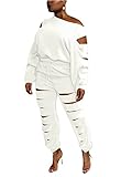 Annystore Women Casual Two Piece Outfit One Shoulder Hollow Out Pullover Sweatshirt Jogger Long Pant