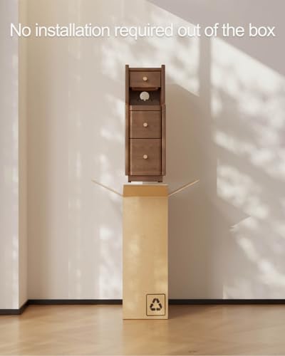 Image of Solid Wood Narrow Nightstand with 3 Drawers,Modern Walnut,Fully Assembled