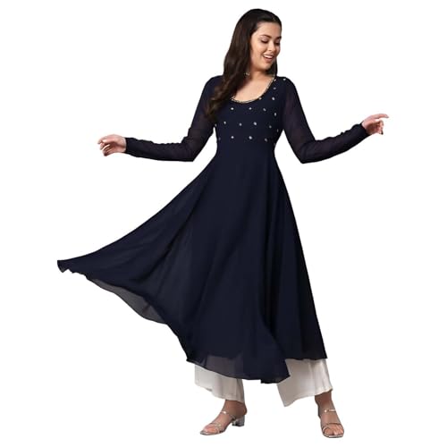 Image of PH POSHAKHUB Georgette Regular Fit Hand Embroidery Anarkali Kurta Set for Women, Yoke Anarkali Kurta for Woman, Ankle Length Anarkali Suit for Women, Full Sleeve Kurti, Dress for Woman