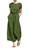 chouyatou Women's Elegant Sleeveless Linen Jumpsuits Casual Wide Leg Jumpsuit Pants Romper (Small, Sleeved Army)