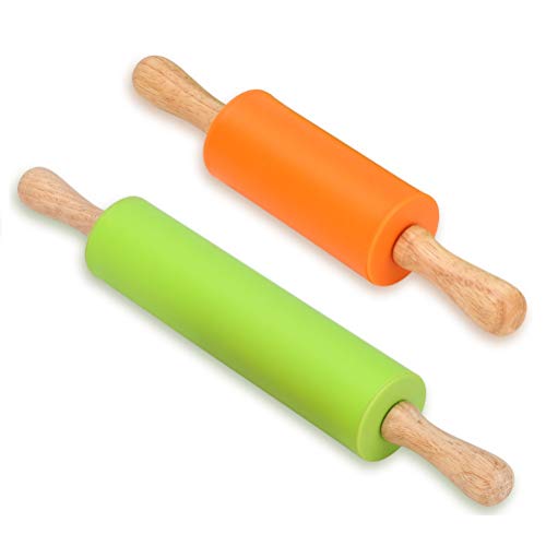 Silicone Rolling Pin - Dough Roller for Pizza, Cookie with Wooden Handle & Nonstick Surface - 2 Pack Rolling Pins for Baking (Mini & Large Size)