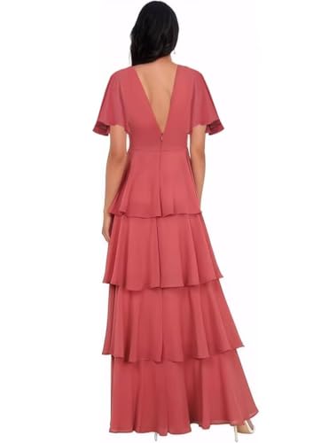 MAGGCIF Tiered Ruffles Bridesmaid Dresses with Flutter Sleeves Chiffon A Line Long Formal Prom Dress for Women2