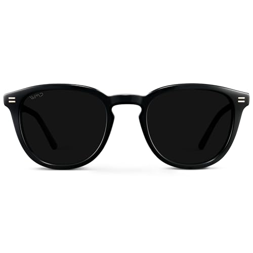 WMP Eyewear - Men's Classic Round Polarized Sunglasses, Premium Slim Acetate Frame with Dashed Rivet Details (Black/Triple Black Lens)