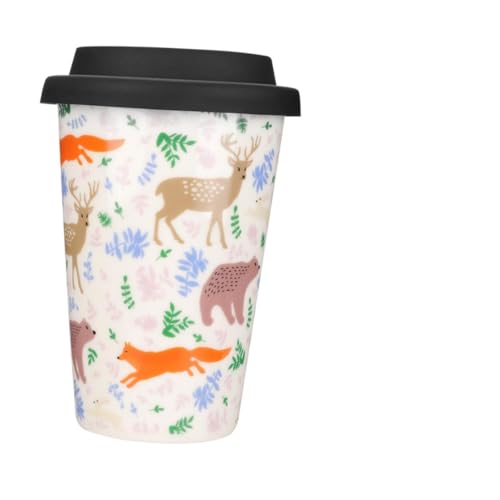 LIFKOME Taza de Cerámica sin Asa para Navidad con Tapa de Silicona y Cuchara, Taza de Café Navideña para Fiestas y Regalos, Vaso Resistente para Bebidas Calientes y Frías, Color Aleatorio