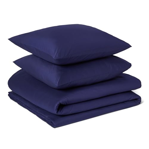 Amazon Basics Parure de Lit 2 Personnes 3 Pièces en Coton Bio, Housse de Couette 240 x 220 cm et 2 Taies d'oreiller 65 x 65 cm, Bleu Marine