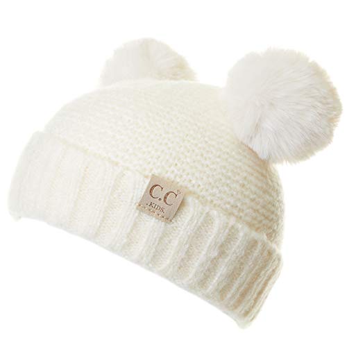 C.C Exclusives Children Kid Double Pompom Knitted Beanie for Kids Ages 2-7 (Ivory-Kids-27)