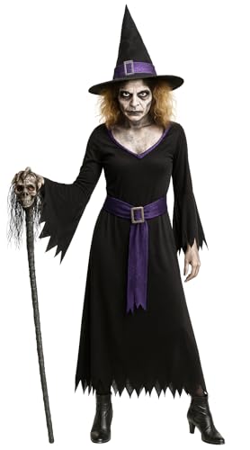Foxxeo Hexenkostüm Damen Schwarz Lila - Größe XXL - Halloween Kostüm Hexe mit Kleid, Gürtel und Hut – Hexenkleid Fasching Karneval Verkleidung...