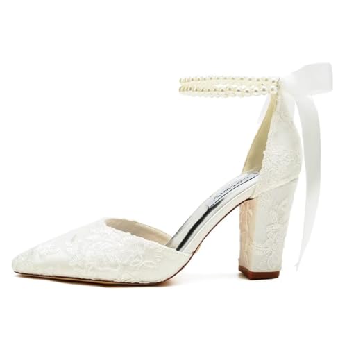 Image of Satin Wedding Shoes for Bride Block Heel Bridal Shoes Pointed Toe Pearl Wedding Heels
