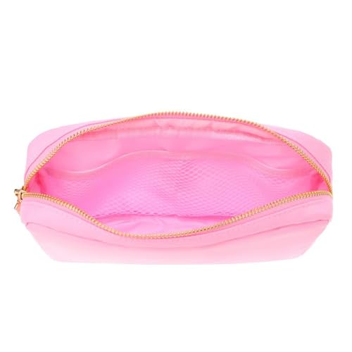 BLOC Bags Travel Makeup Bag, Cosmetic Bags for Women, Mini Makeup Bag, Cute Toiletry Bag, Beauty Bag with Chenille Patch, with Inside Zipper Pouch and Mesh Pockets (Pill, Baby Pink)3