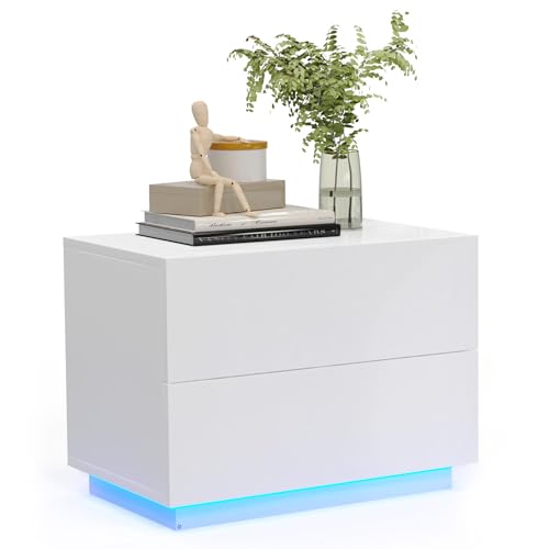 Mondeer Nachttisch, LED Nachtschrank mit 2 Schubladen und 1 USB Anschlüsse, Hochglanz für Schlafzimmer Wohnzimmer, 60 x 39 x 45cm, Weiß