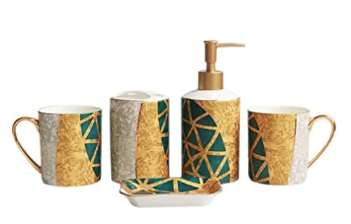 AMULONG Accesorios de Tocador, Juego De Accesorios Baño Cerámica Creativa, Suministros Dorados, Taza Enjuague Bucal, Lavado con Dispensador Jabón Juego Decorativo