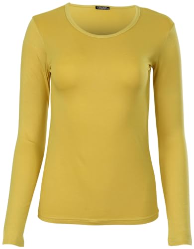 Camiseta básica de manga larga con cuello redondo y corte ajustado, amarillo mostaza, L