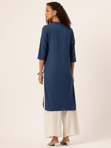 Image of feranoid Women's Plain Cotton Kurta with Mandarin Collar, 3 /4 Sleeves & Pocket