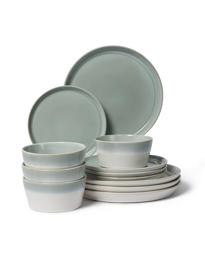 Image of Pokini Ceramic Plates and Bowls Sets for 4, 12pcs Dinnerware Sets, Dish Set | Reactive Glaze Stoneware Dishes Set, Microwave & Dishwasher Safe, Scratch Resistant, Easy Cleaning Dishware sets, Grey Green