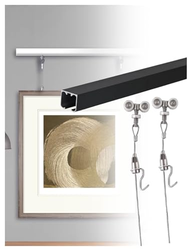Image of Picture Rail Art Hanging Kit,Picture Rail Hooks & Installation Hardware,Ceiling Mount Photo Display Rail Track with 150cm Long Steel Cords(Black,180cm /70.87in)