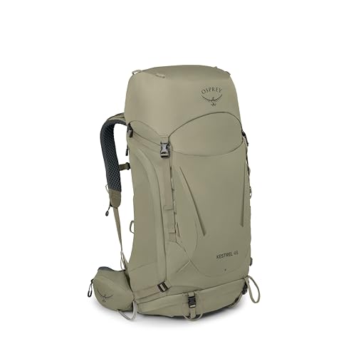 Image of Osprey Kestrel 48L Men's Backpacking Backpack, Tan S-M | hiking pack, camping gear, overnight trail pack, waterproof raincover, rain cover included, waterproof storage, dry bag