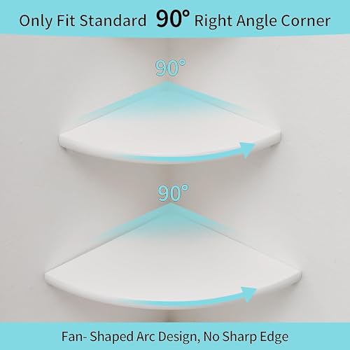 Image of Corner Wall Shelves, White Floating Corner Shelf, Set of 2 16inch Solid Oak Wood Shelves, Round End Wall Mount Display Shelf with Wire Hole for Small Plant for Bedroom Kitchen, Living Room