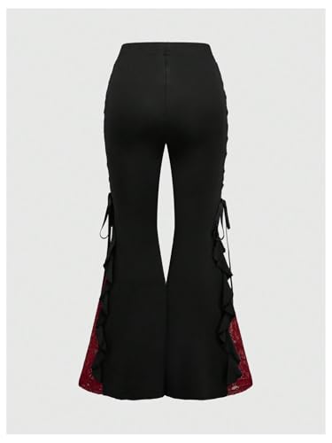 Verdusa Women's Goth Bow Tie Contrast Lace Flare Pants High Rise Ruffle Bell Bottom Pants2