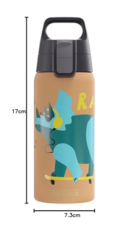 Sigg - Isolierte Trinkflasche Kinder - Shield Therm One Rawsome - Kohlensäuregeeignet - Auslaufsicher - Spülmaschinenfest - BPA-frei - 90% recycelter Edelstahl - Sandbraun mit Dinosaurier - 0,5L