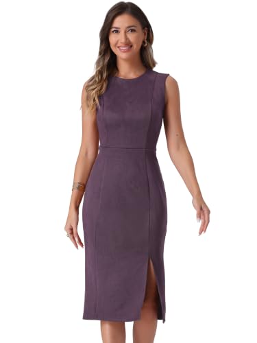 Image of Allegra K Faux Suede Dresses for Women's Sleeveless Crewneck Split Hem Work Office Sheath Dress