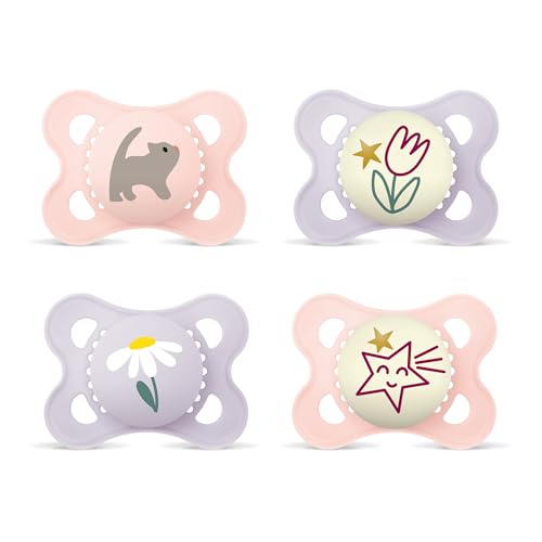 MAM Original Day & Night Matt Schnuller | 0-6 Monate | Schnuller für Neugeborene | 94% Akzeptanz | Babyschnuller beugt Zahnfehlstellungen vor | SkinSoft Silikon | Katze/Tulpe | 4 Stück