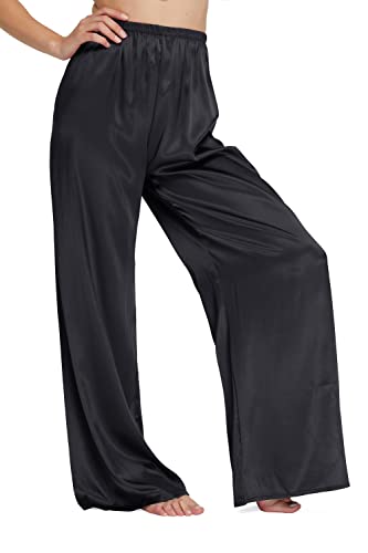 Zeeree Womens Wide Leg Pajama Pants Satin Silk Long Sleep Trousers Loose Elastic Waist Lounge Pants Pj Bottoms With A Pocket (Black, Small) #TOP2
