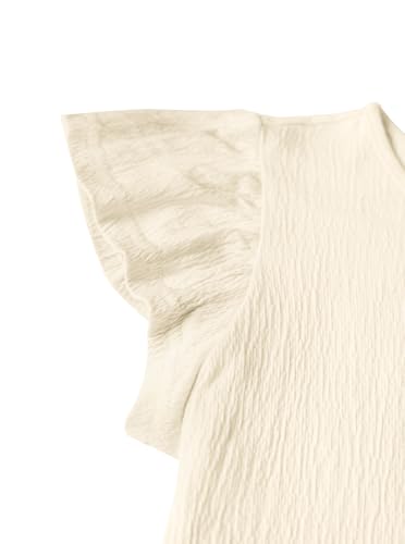 Image of Girls Ruffle Sleeve Shirt Crew Neck Textured Summer Cute Tops Dressy Blouse Light Beige 7-8 Years