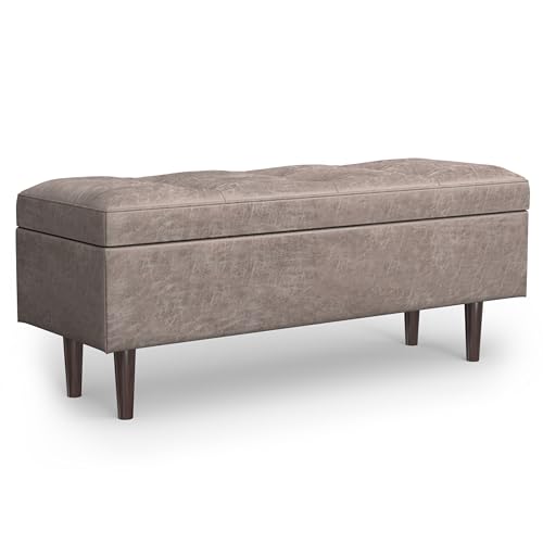 SIMPLIHOME Shay 48 inch Wide Mid Century Modern Rectangular Storage Ottoman in Distressed Grey Taupe Vegan Faux Leather, Assembled, for The Living Room, Entryway and Family Room